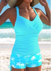 Mid Waisted Tropical Plants Print Criss Cross Tankini Set