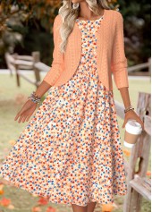 Ditsy Floral Print Orange Long Sleeve Dress and Cardigan