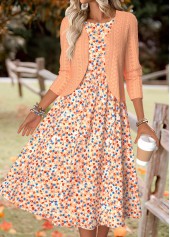 Ditsy Floral Print Orange Long Sleeve Dress and Cardigan