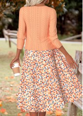 Ditsy Floral Print Orange Long Sleeve Dress and Cardigan