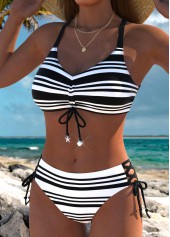 Mid Waisted Reversible Striped Black Bikini Set