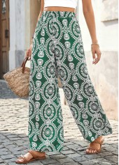 Tribal Print Green Wide Leg Elastic Waist Pants