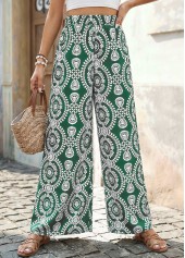 Tribal Print Green Wide Leg Elastic Waist Pants
