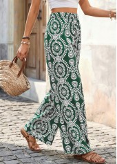 Tribal Print Green Wide Leg Elastic Waist Pants