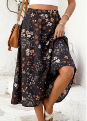 Floral Print Black A Line Elastic Waist Maxi Skirt