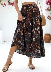 Floral Print Black A Line Elastic Waist Maxi Skirt