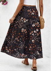 Floral Print Black A Line Elastic Waist Maxi Skirt
