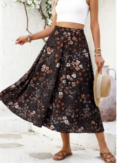 Floral Print Black A Line Elastic Waist Maxi Skirt