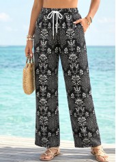Tribal Print Black Straight Leg Drawastring High Waisted Pants