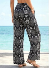 Tribal Print Black Straight Leg Drawastring High Waisted Pants