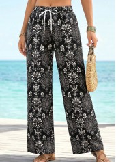 Tribal Print Black Straight Leg Drawastring High Waisted Pants