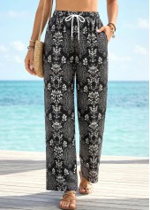 Tribal Print Black Straight Leg Drawastring High Waisted Pants