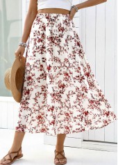 Floral Print White A Line Elastic Waist Maxi Skirt