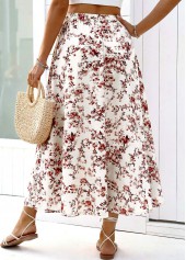 Floral Print White A Line Elastic Waist Maxi Skirt