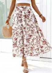 Floral Print White A Line Elastic Waist Maxi Skirt