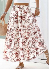 Floral Print White A Line Elastic Waist Maxi Skirt