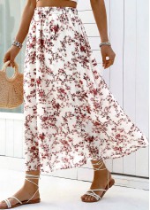 Floral Print White A Line Elastic Waist Maxi Skirt