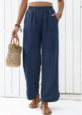 Navy Straight Leg Elastic Waist High Waisted Pants