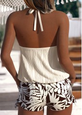 Mid Waisted Leaf Print Tummy Coverage Beige Tankini Set