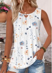 Floral Print Tuck Stitch White Sleeveless Tank Top
