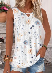 Floral Print Tuck Stitch White Sleeveless Tank Top