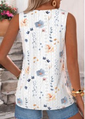 Floral Print Tuck Stitch White Sleeveless Tank Top