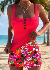 Mid Waisted Floral Print Tummy Coverage Coral Tankini Set