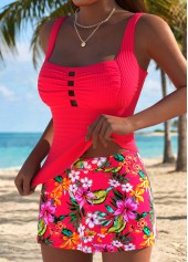 Mid Waisted Floral Print Tummy Coverage Coral Tankini Set