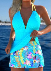 Mid Waisted Marine Life Print Cyan Tankini Set