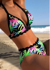 Mid Waisted Tropical Plants Print Black Bikini Set