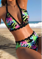 Mid Waisted Tropical Plants Print Black Bikini Set
