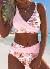 Mid Waisted Tropical Plants Print Surplice Bikini Set