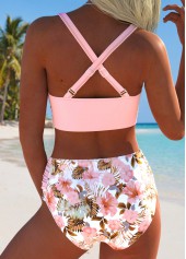 Mid Waisted Tropical Plants Print Surplice Bikini Set