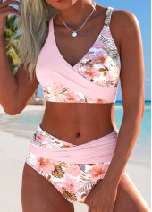 Mid Waisted Tropical Plants Print Surplice Bikini Set