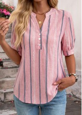 Striped Patchwork Pink Short Sleeve Split Neck Blouse