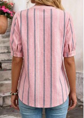 Striped Patchwork Pink Short Sleeve Split Neck Blouse
