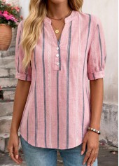 Striped Patchwork Pink Short Sleeve Split Neck Blouse