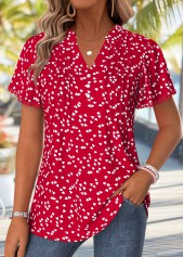 Heart Print Curved Hem Red Short Sleeve T Shirt