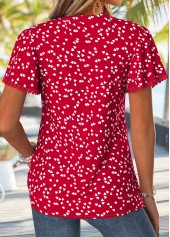 Heart Print Curved Hem Red Short Sleeve T Shirt