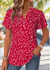 Heart Print Curved Hem Red Short Sleeve T Shirt