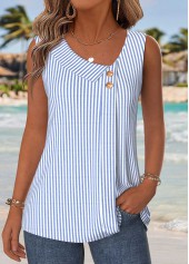 Striped Patchwork Blue Sleeveless Asymmetrical Neck Tank Top