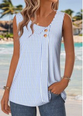 Striped Patchwork Blue Sleeveless Asymmetrical Neck Tank Top
