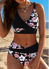 Mid Waisted Floral Print Surplice Black Bikini Set