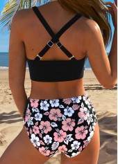 Mid Waisted Floral Print Surplice Black Bikini Set