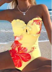Floral Print Cut Out Light Yellow One Piece Swimwear