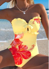 Floral Print Cut Out Light Yellow One Piece Swimwear