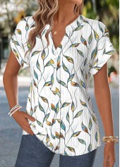 Floral Print Patchwork Raw White Short Sleeve T Shirt