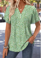 Ditsy Floral Print Lace Trim Light Green T Shirt