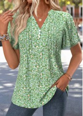 Ditsy Floral Print Lace Trim Light Green T Shirt