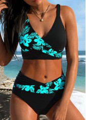 Mid Waisted Floral Print Surplice Cyan Bikini Set